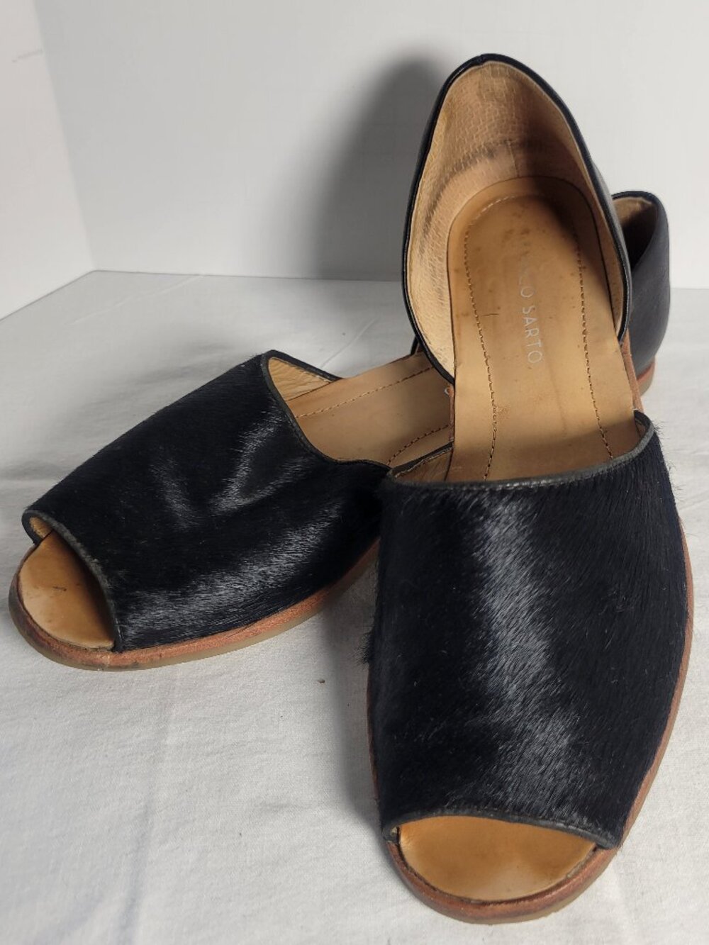 Franco Sarto Venezia Black Calf Hair D'Orsay Peep Toe Flats 7.5M